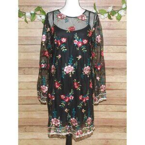 Xhilaration Ladies Black Floral Embroidered Mesh Shift Dress Size M Whimsy Goth
